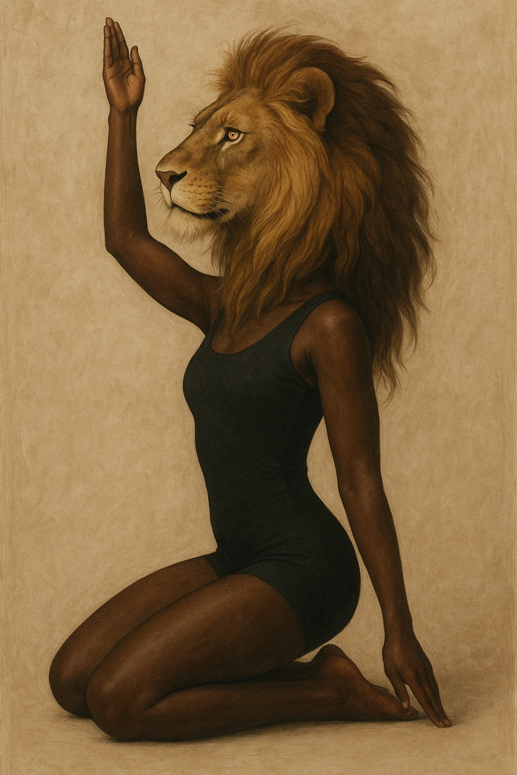 A creative combination of a lion's head and a Black woman in a yoga pose, blending the features so the lion's head and the woman's body are seamlessly integrated. The woman has dark skin and is in a classic yoga pose, with the lion's head replacing her own, in a harmonious and empowering style. emoji