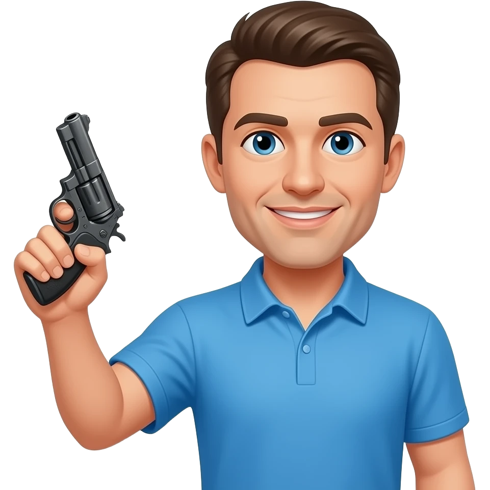 coach in a blue shirt making a fake pistol with his hand but with no gun emoji