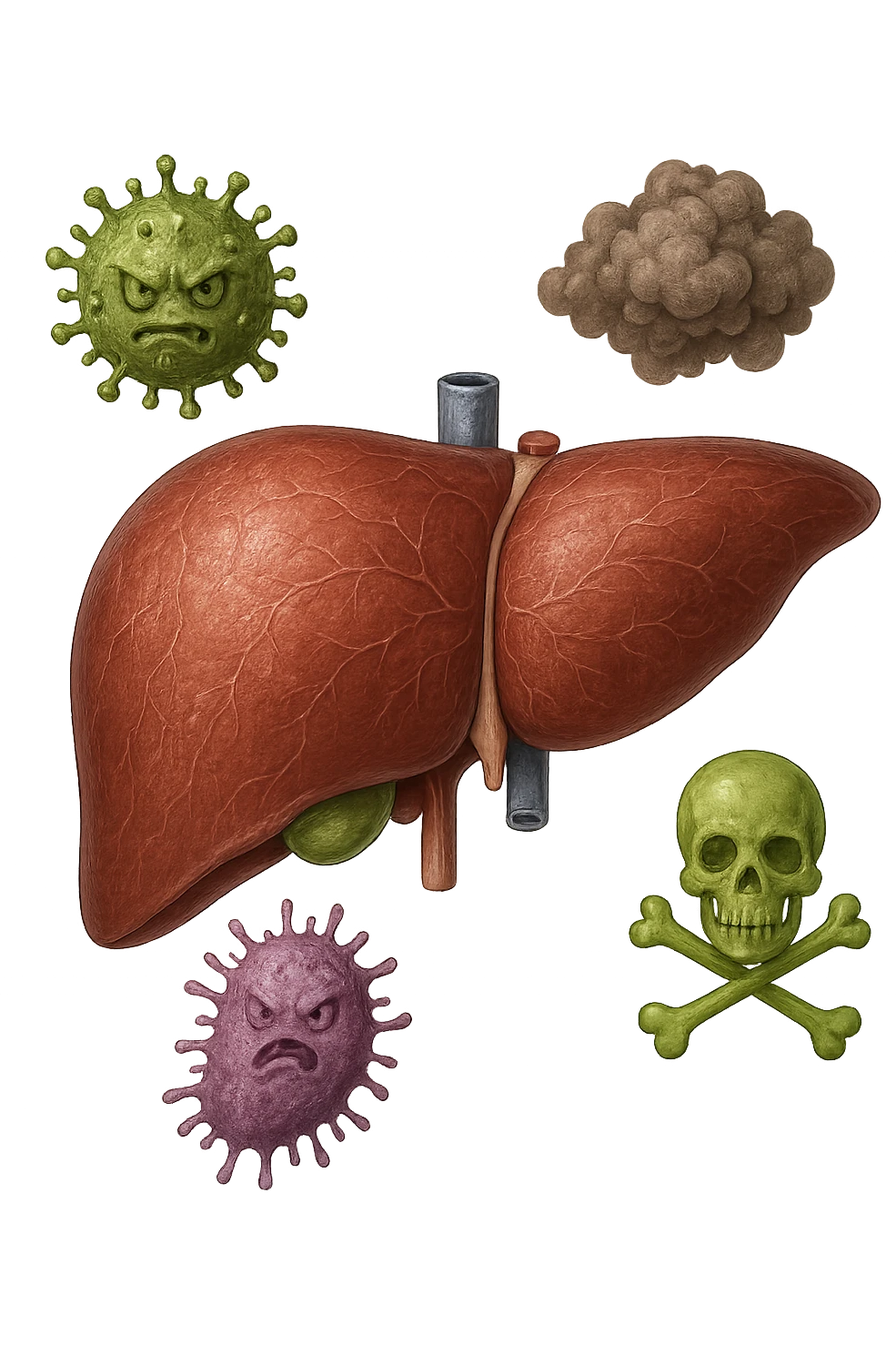 fegato umano anatomico con tossine che gli fluttuano intorno emoji