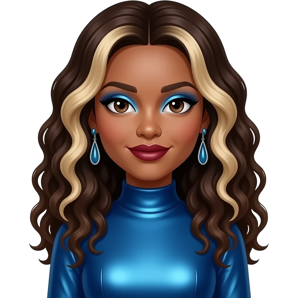 Natina Reed from Blaque with dark brown eyes, long dark brown curly hair with blonde ombre, blue eyeshadow, dark red lipstick, blue metallic high neck dress, earrings emoji