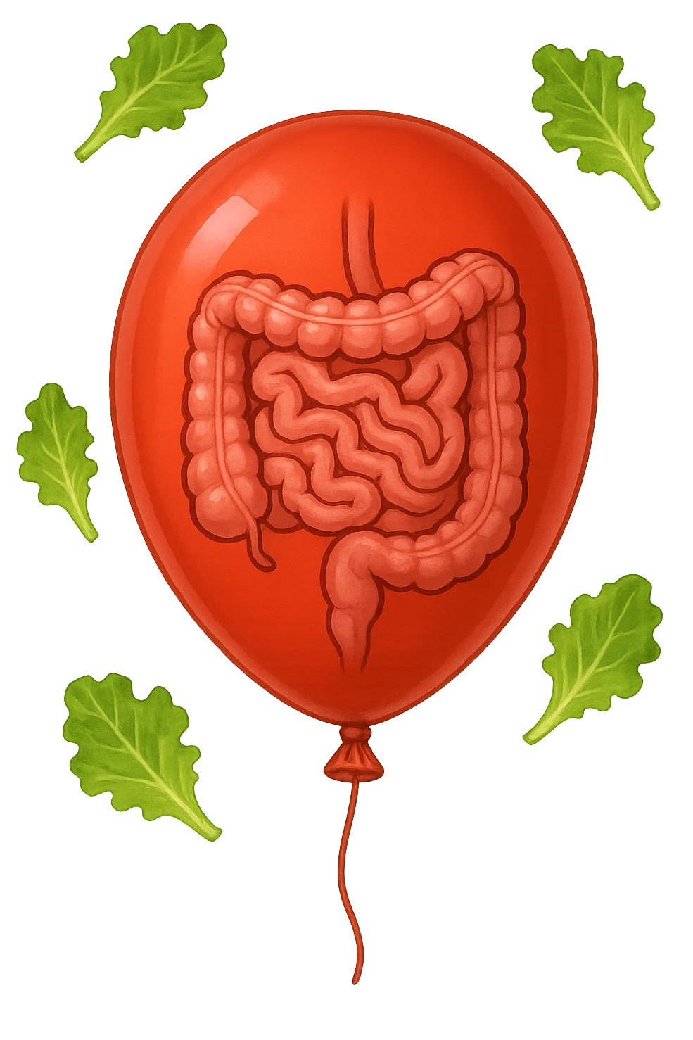 intestino chiuso in un palloncino rosso e foglie di insalata che fluttuano intorno emoji