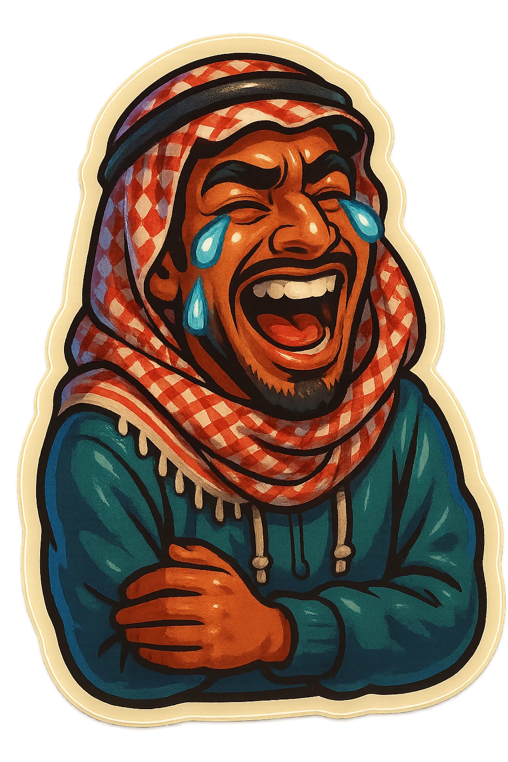 Ara, a young Arab man with medium brown skin, black hair, in casual Middle Eastern streetwear with keffiyeh scarf or hoodie, laughing hysterically with tears streaming down, wild exaggerated facial expression, cartoonish, vibrant, bold, very expressive, emoji-style sticker emoji