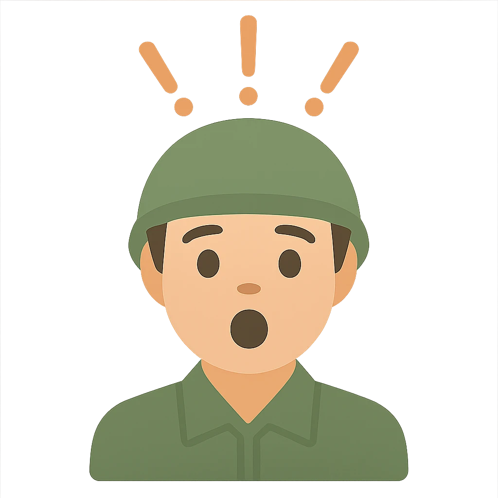 Convert this startled military icon to a color version maintaining clarity and minimalism. Use realistic skin tones, a green helmet, and simple color fills with a transparent background. emoji