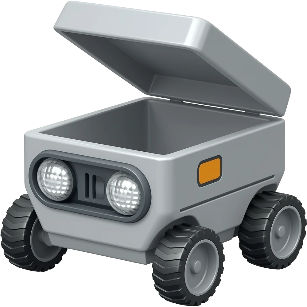 Gray rectangle with 4 wheels and a circle led shows robot eyes and a opening lid emoji