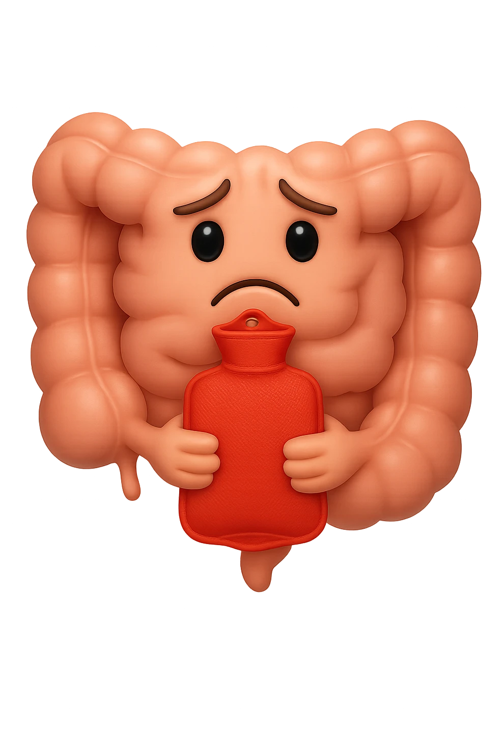 emoji stile iphone di un intestino che si tiene la borsa dell'acqua calda al centro, espressione di tristezza in volto, iperrealistico 4k emoji