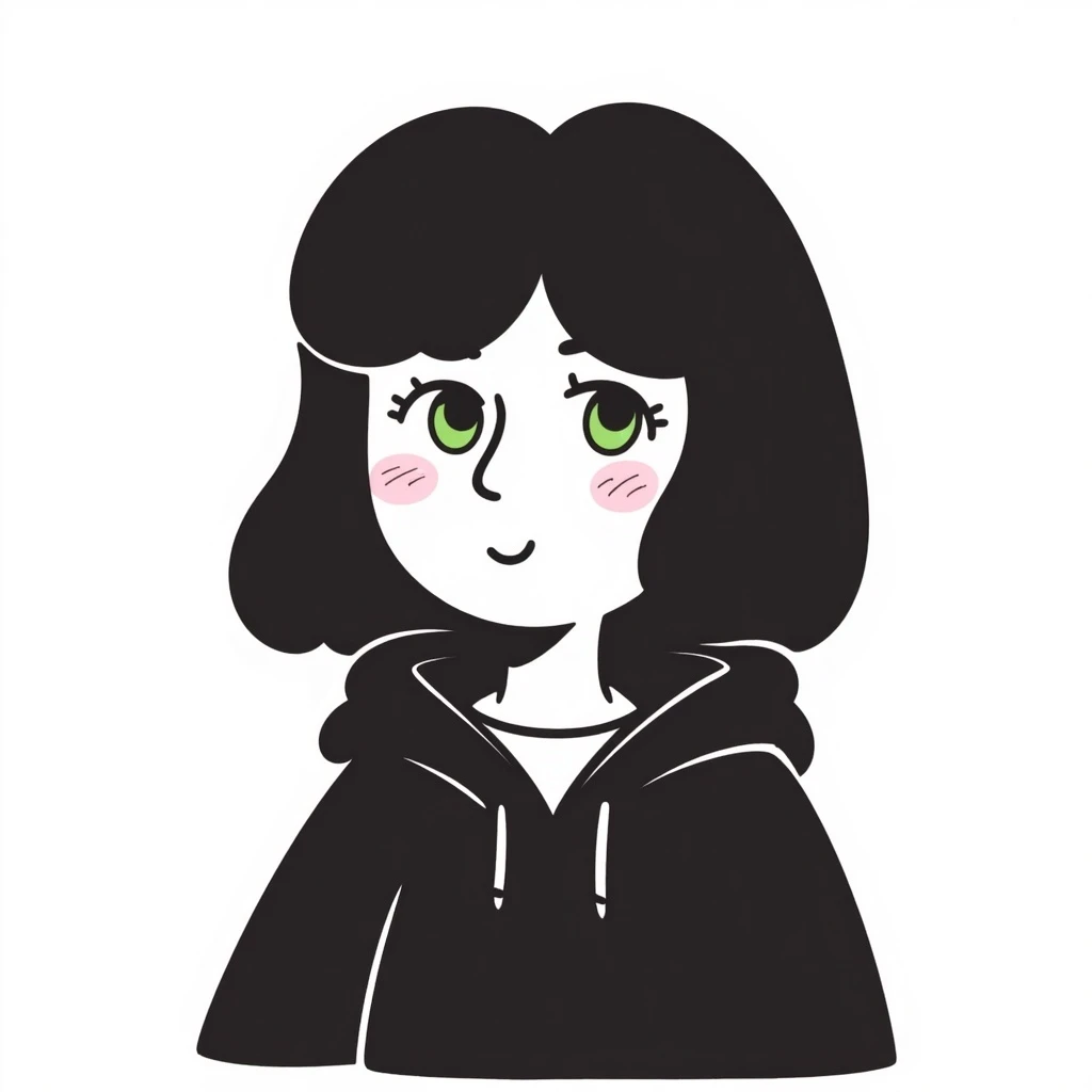 A cute girl with white skin, dark wavy hair just below her shoulders, green eyes, fair skin, a soft pink blush, and burning stars in her eyes. She has a thin neck and is wearing a black hoodie. The girl has long bangs styled on both sides of her face. emoji