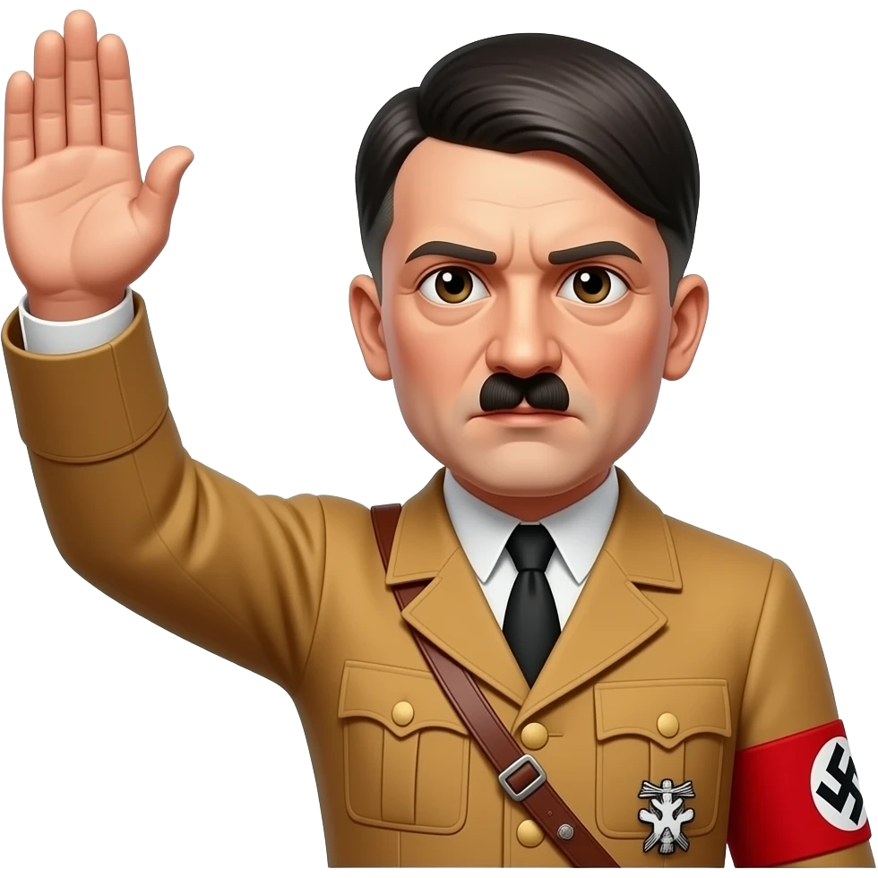 Adolf Hitler doing the Nazi salute with his arm pointing out front with all his fingers up at a 30 degree angle, with a front left camera shot emoji