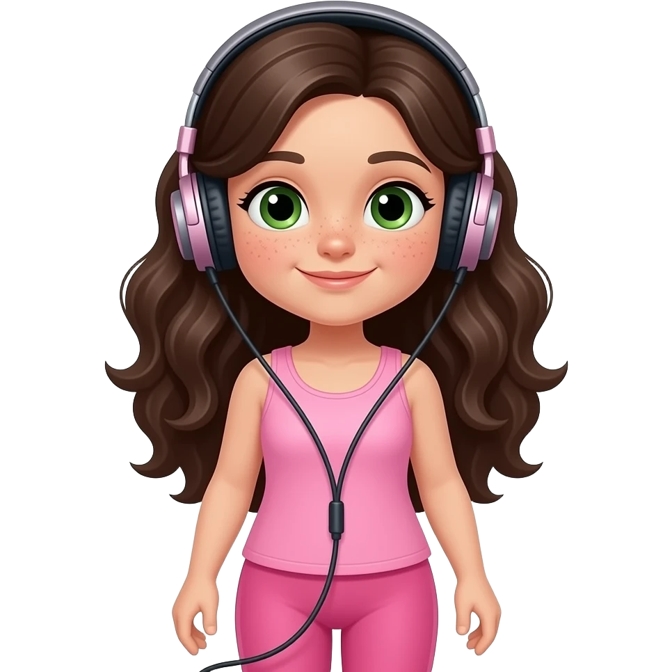 young girl in the style of iphone emoji people, fair skin, green eyes, freckles,long dark brown wavy hair, pink tank top and pink leggings, listening music on headphone emoji