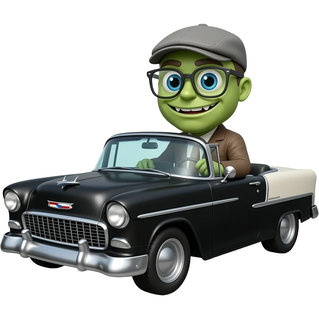 monster with flatcap and glasses driving black 1955 chevy 3/4 view emoji