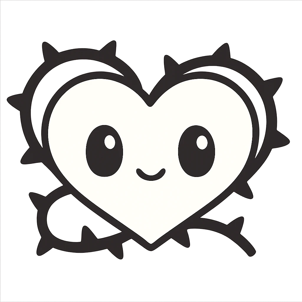 white goth heart with black thorns, dramatic, kawaii style, no background emoji
