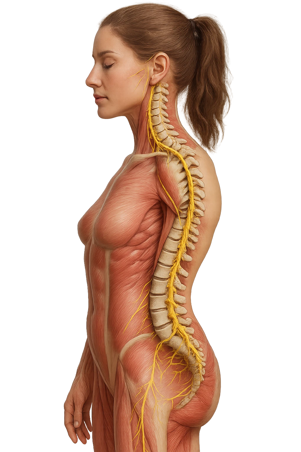 fai un immagine identica che riguarda un esercizio ma mettigli spina dorsale e muscoli in evidenza (anatomica) con colori naturali di un corpo umano (non blu), il nervo giallo si deve vedere molto bene. falla iperrealistica anatomica in 4k con spina dorsale storta in evidenza emoji