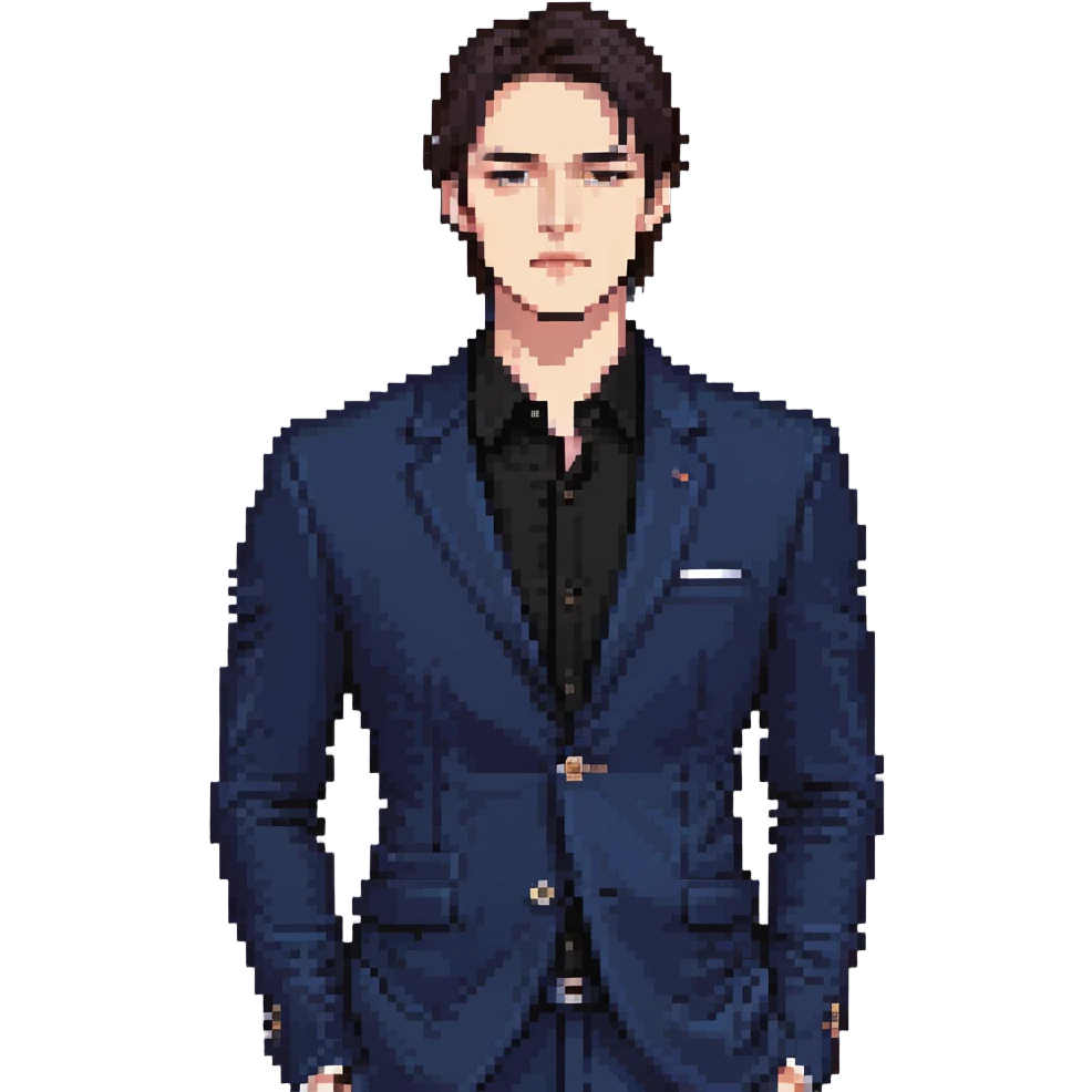 Flat pixel art, focused and reserved male thinker, fair skin, short sleek dark hair, intense sharp eyes, wearing a deep indigo suit jacket over a black shirt, left hand thoughtfully touching chin, waist-up, front-facing emoji