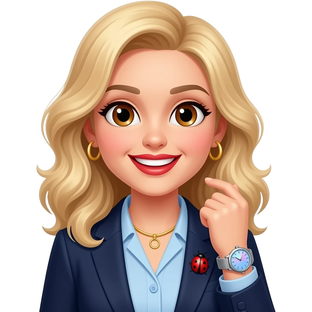very whiteskin + lightly-wavy-blonde-hair-+-big-light-brown-eyes-with-spark-+-happy-teeth-smile-+--gold-color-necklace without shape+  and circle earring-+-armwatch-with-blue&pink-hologram-dial-and-silver-band-+-red-lipstick-+-dark blue-blazer and shirt with ladybug brosch on shirt 2nd button  (2) emoji
