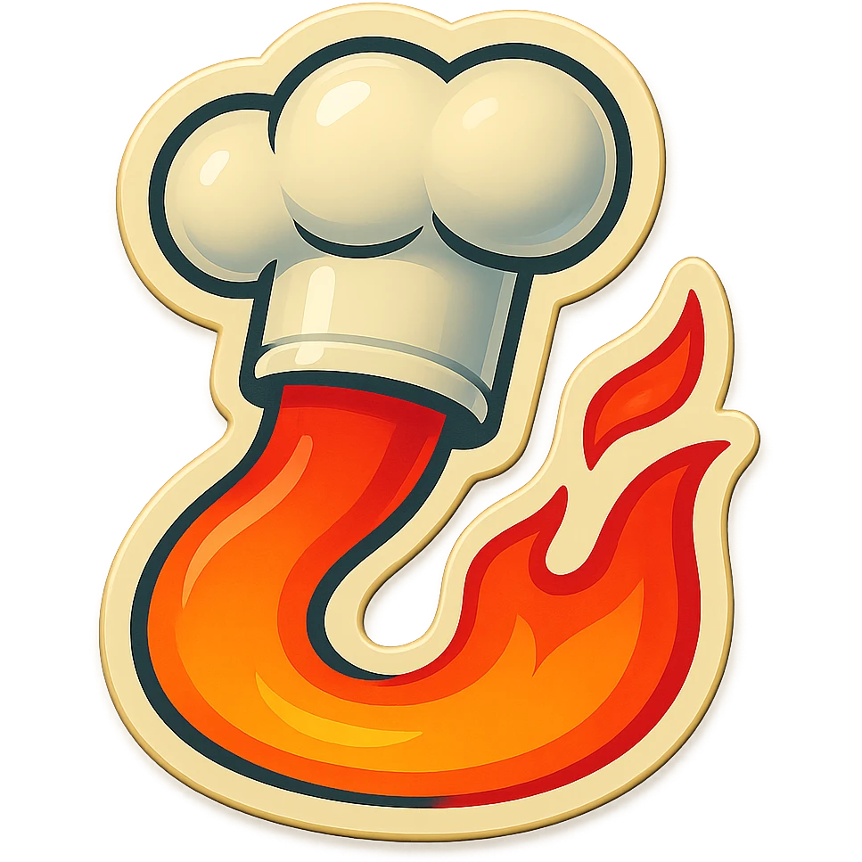chef's hat pumping with a trail of fire emoji, playful, flame red gradient, hat is white, vibrant, flame matching style reference file emoji