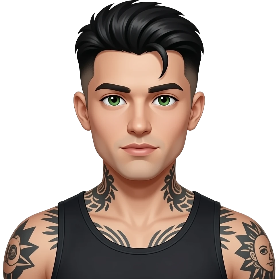 jeune gars mystérieux, cheveux noir de jais low taper fade, yeux verts, musclé, tatoué, peau très blanche blanche blanche blanche très très pâle emoji