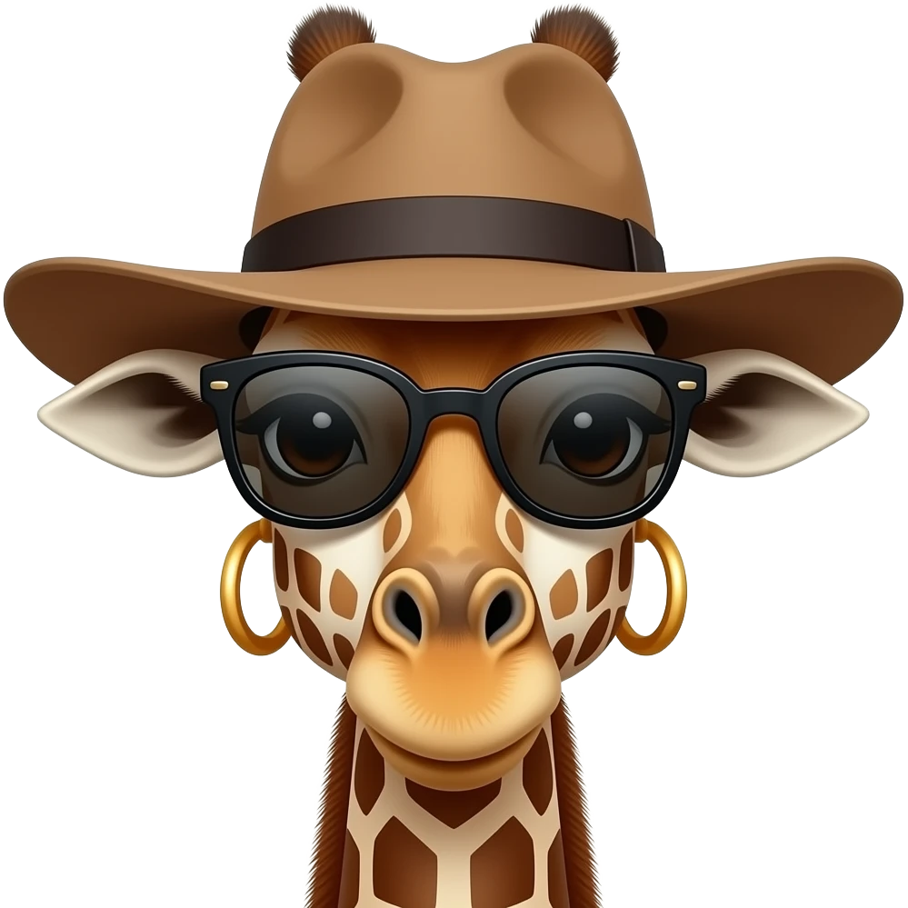 giraffe with hat and sunglassess and earrings, just face, front view emoji
