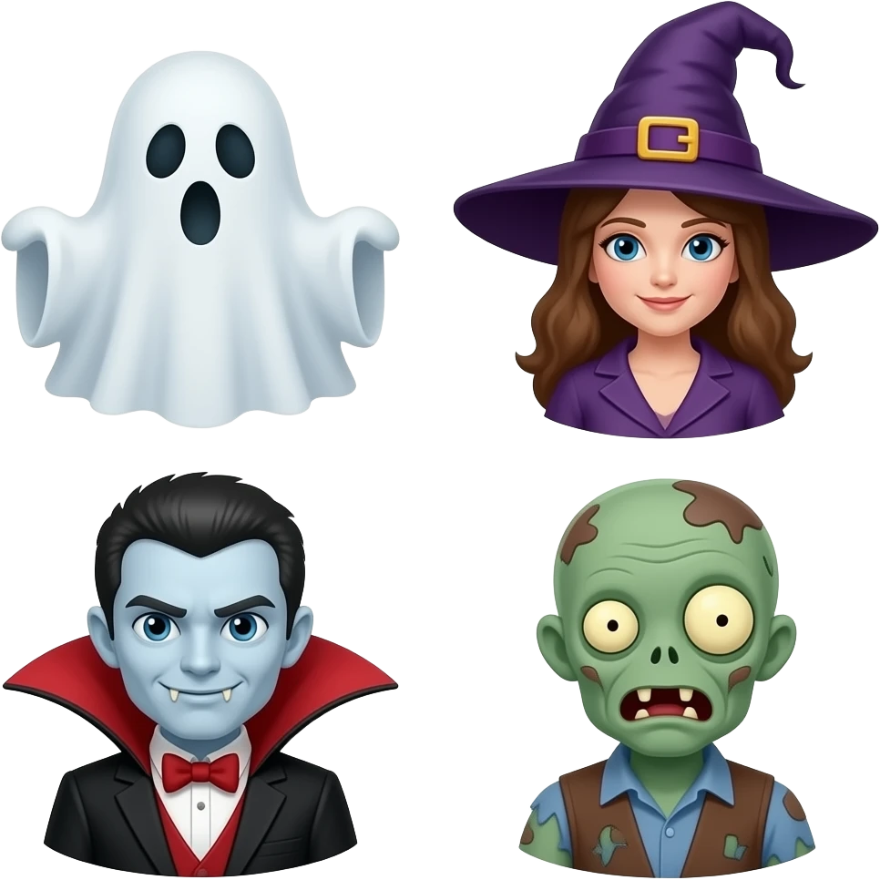 Ghost, witch, vampire, and zombie emoji