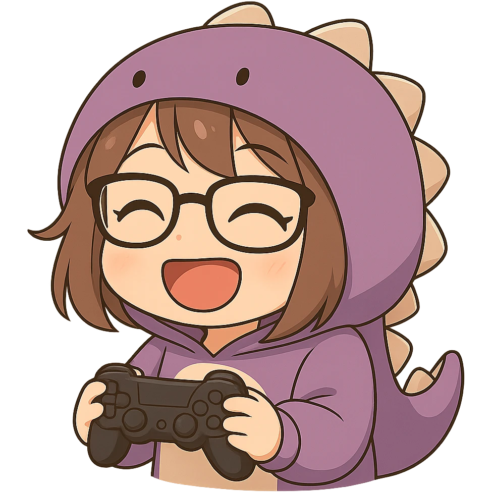 Chibi anime style gamer girl with glasses, brown hair, dark purple eyes, wearing a purple dinosaur costume, making a happy emote, no background, same style as reference. emoji