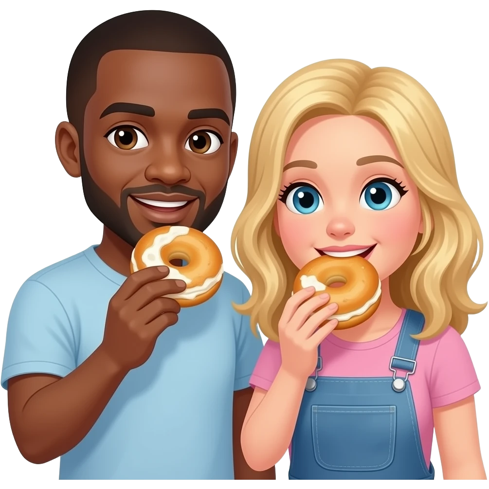 Black man with shaved head & blonde girlfriend eating bagel with cream cheese together emoji