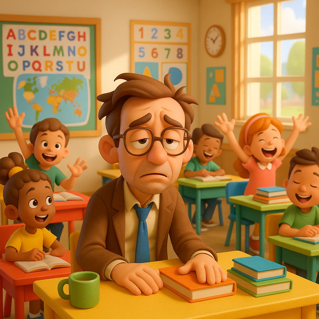 3d cartoon art of a exhausted teacher in a bustling classroom emoji
