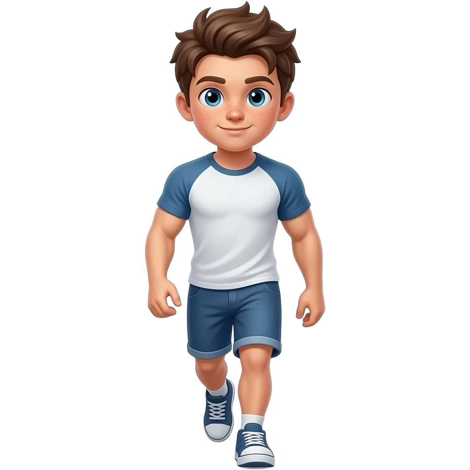 Hazme un chico con pelo rebelde castaño, ojos azules y unas pecas. Tiene que estar caminando. Y que sea musculoso. Que tenga camiseta. Que se vea el cuerpo entero y tenga unos doce años emoji