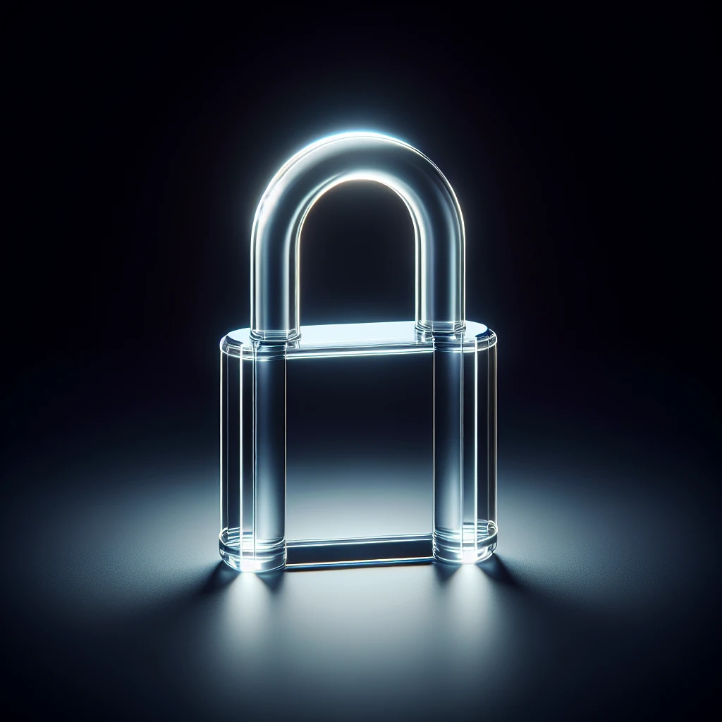Photo of a 3d made of glass padlock, black void around symmetrical 3d render, rim light emoji