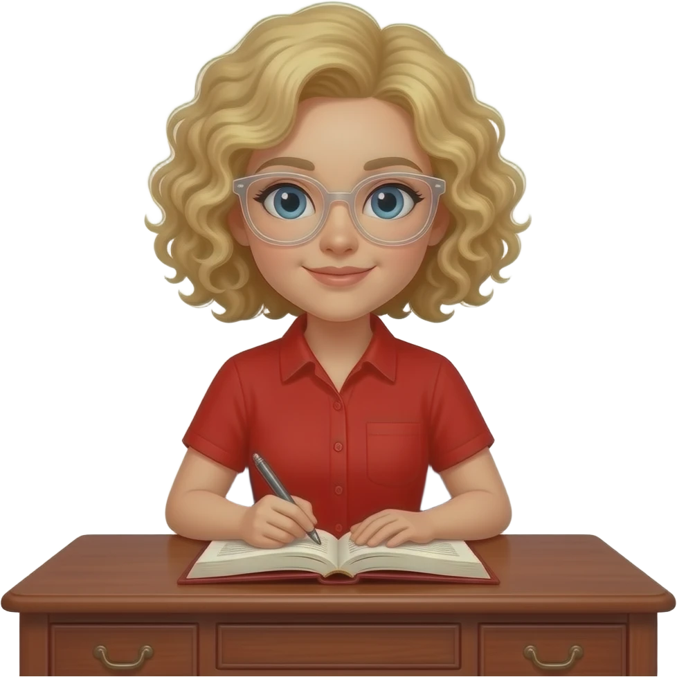 blonde tight curly hair in a bob writing a book on red oak antique desk typing in a red shirt wearing clear rim frame glasses emoji