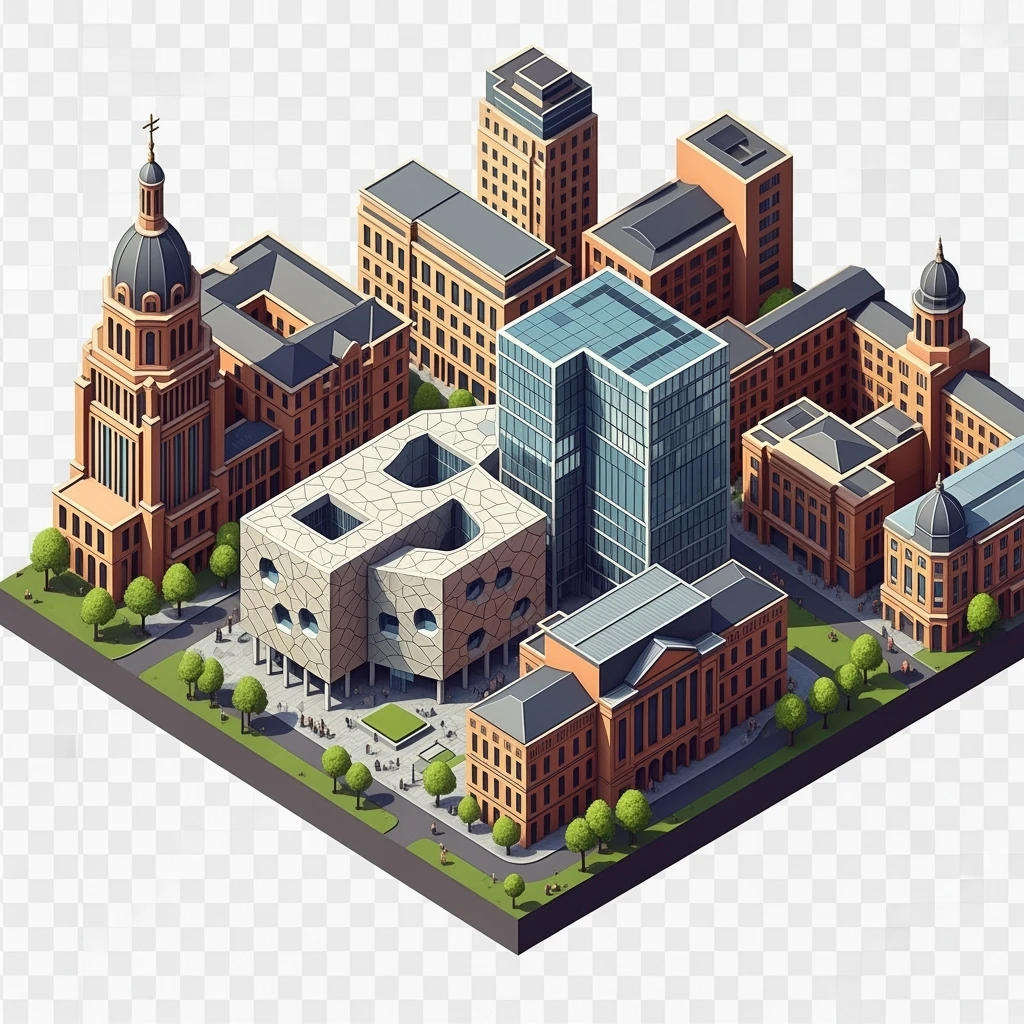 Isometric illustration of Birmingham, photorealistic the Library of Birmingham with its modern architecture, balanced between stylized and realistic, 3D miniature effect, transparent background. emoji