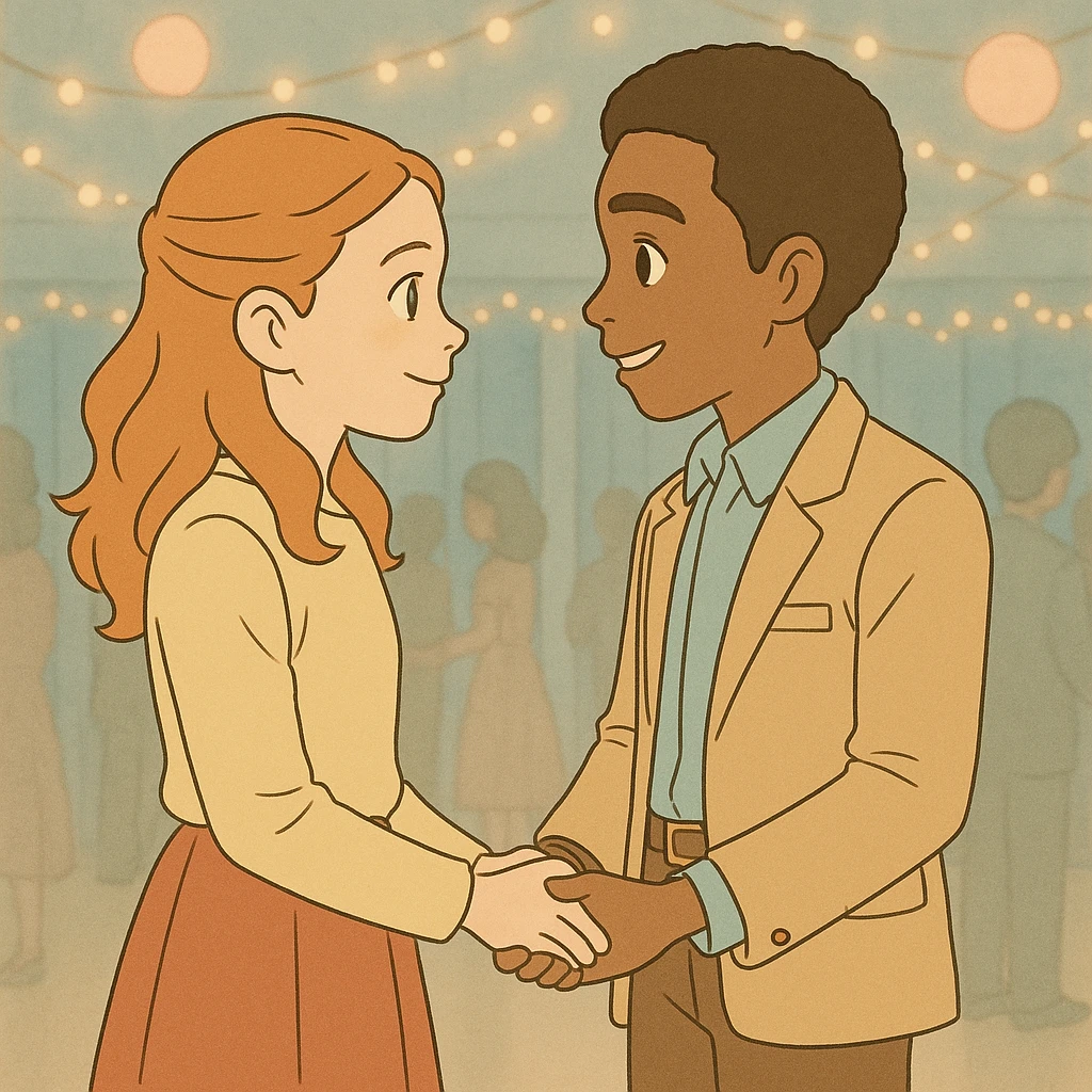 Max and Lucas holding hands at the school dance, smiling at each other, with a mood of friendship and romance. They wear classic outfits from the first season. The style is simple line art with light pastel tones and thick outlines, in the Ghibli style, 1:1 format, safe and friendly atmosphere. emoji