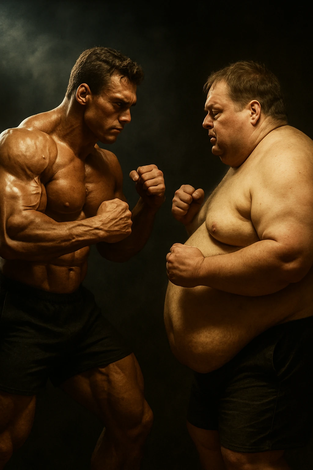 realistic style muscular bodybuilder in a fighting pose facing a figure representing body fat, dramatic atmosphere, 2:3 aspect ratio emoji