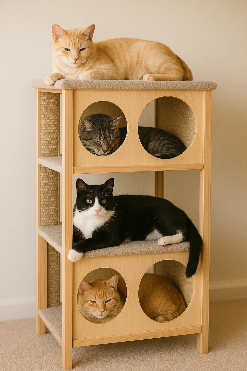 cats relaxing in a vertical playhouse emoji