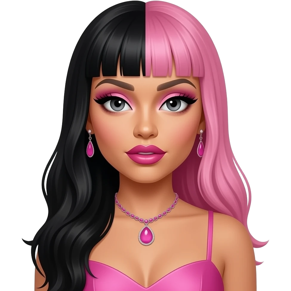 Nicki Minaj with dark grey eyes, long black and pink hair with bang, pink eyeshadow, hot pink lipstick, pink dress, pink necklace and earrings emoji
