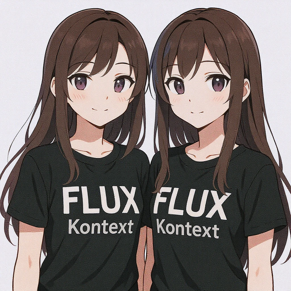 make a image of a girl with a anime version of that girl beside her wearing tshirt with text of FLUX Kontext emoji