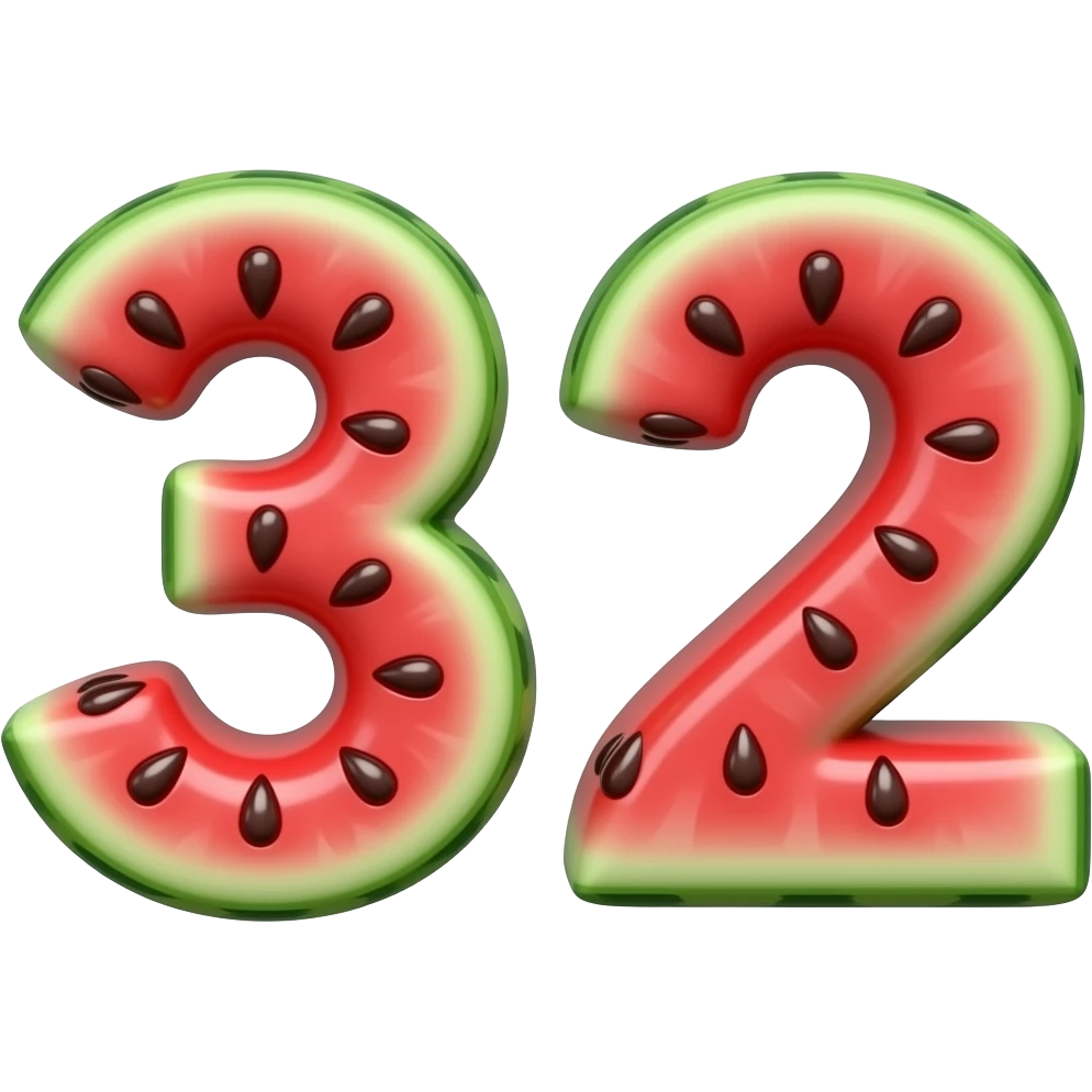 👉  TWO👉 "numbers 32 and made of watermelon texture, red and green colors, 3D glossy, smooth rounded shapes, cute cartoon style, isolated on white background, high detail" emoji