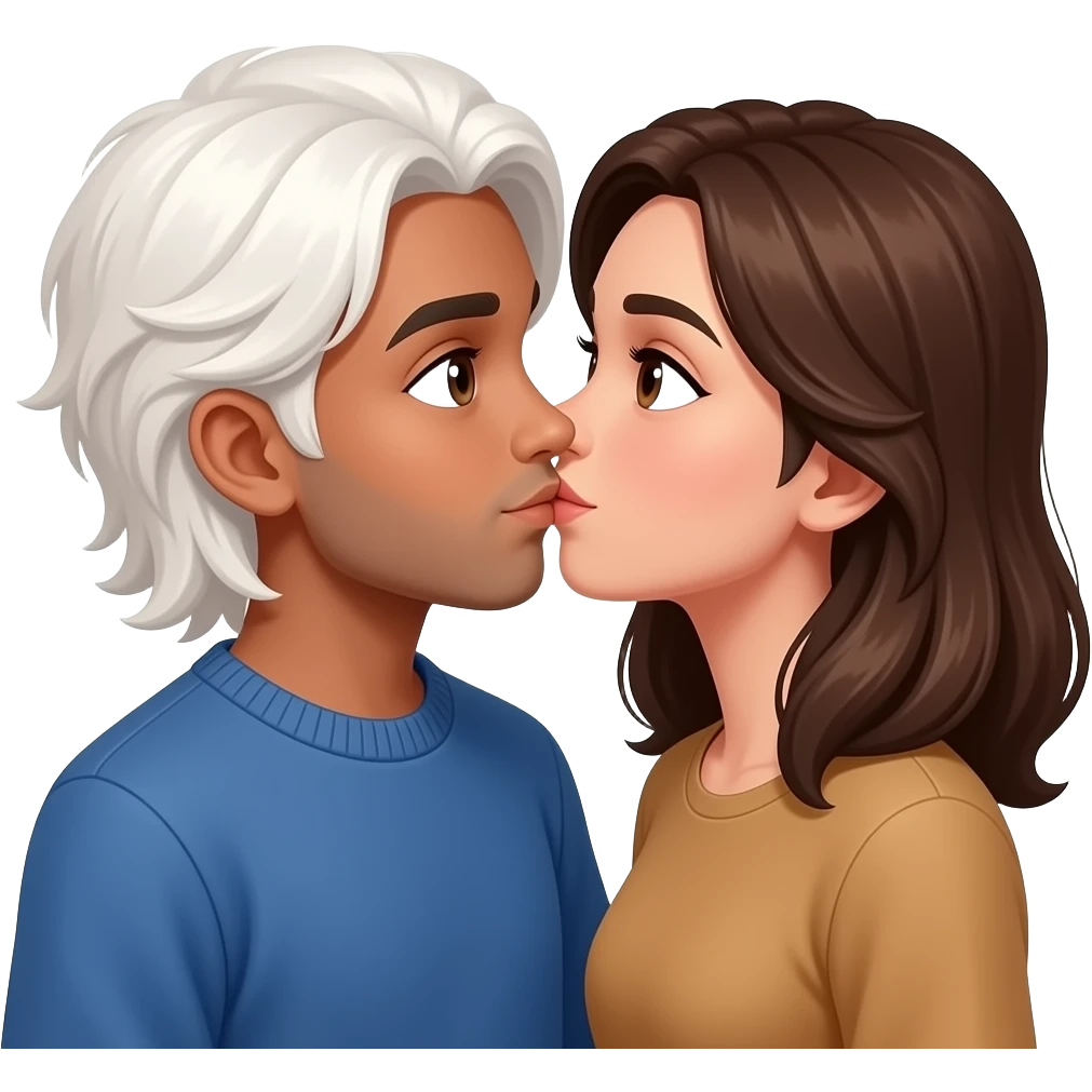 Brown Pakistani boy with no facial hair, long white shoulder-length hair, wearing a blue sweater, and a tan-toned young woman with almond shaped hazel eyes and shoulder-length brown hair are kissing emoji
