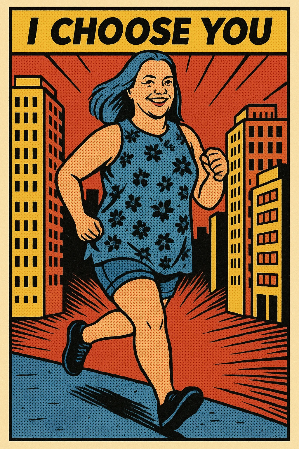 Woman with blue hair running in a city emoji