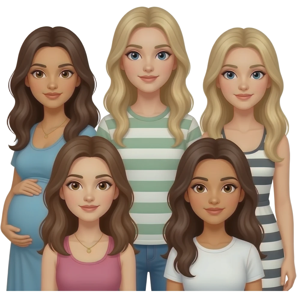 5 woman with long hair : 1 brunette who is pregnant, 1 dirty blonde tall thin, 1 blonde thin, 1 dirty blonde thin, 1 brunette Italian emoji