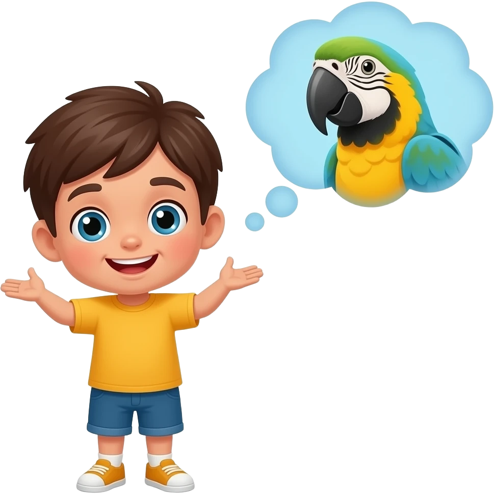 a shrugging kid with a thought bubble, thinking about a parrot emoji