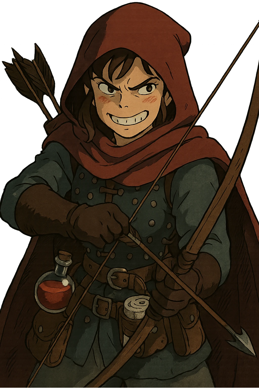 A female rouge , colored hood, wearing brigandine armor with, bow and arrow at the ready, night time shadows, tool belt with red potion and bandages, mischievous grin, anger emoji