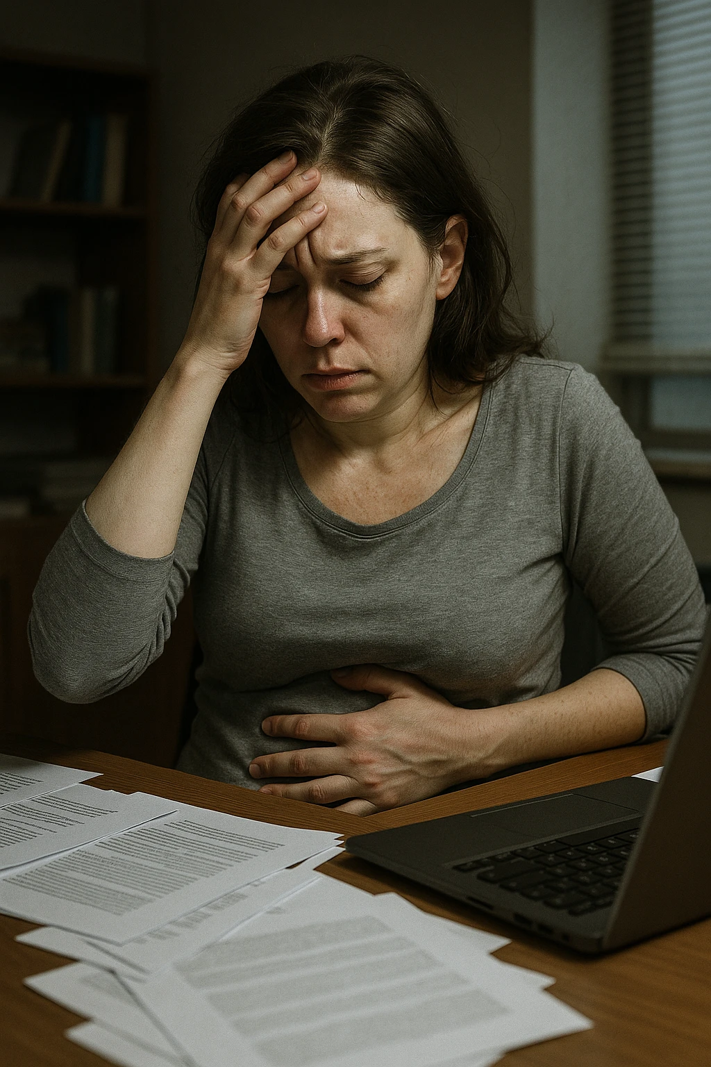 Empathetic photorealistic shot of a woman at her desk, overwhelmed by work. One hand is pressed against her forehead, the other grips her painful, bloated abdomen. Papers are scattered around her. The lighting is harsh and unflattering, emphasizing her pale complexion and the dark circles under her eyes. emoji