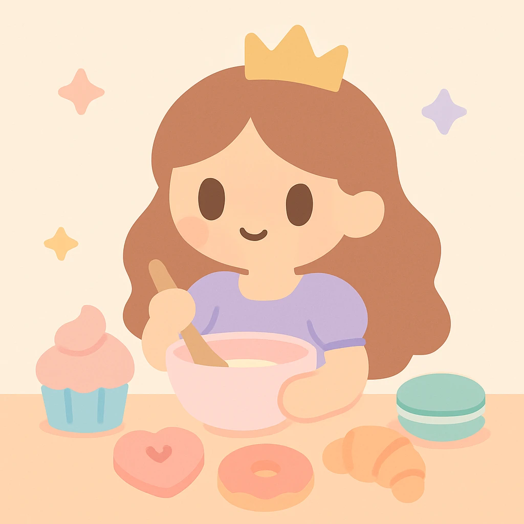 a princess baking surrounded by pastries, cute style, adorable, pastel colors emoji