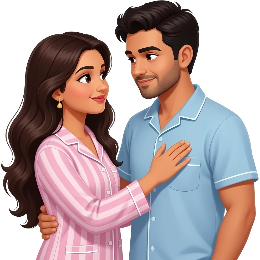long haired Indian lady in pyjamas holding her hand on boyfriend heart looking at each other lovingly emoji