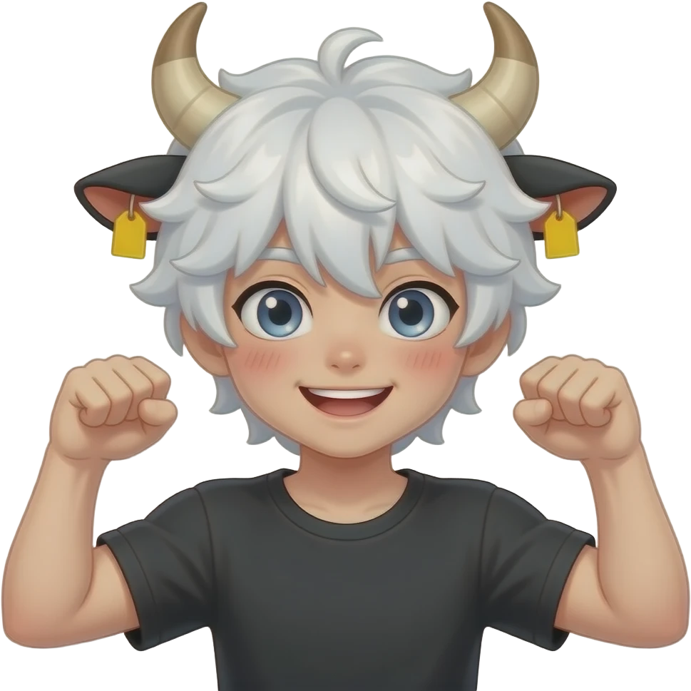white-haired curly anime femboy with white eylashes with cow horns and cow ears with yellow tags in both cow ears poses in caramel dance pose with his fists up to his head with red blush on his cheeks emoji