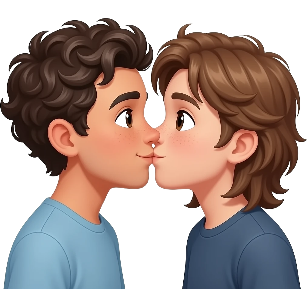 Ahora AZ a dos chicos q se estén besando ala vez q sonriendo uno tiene el pelo corto y un poco rizado con una raya en la ceja y la chica el pelo largo y marrón q no se les vea mucho la cara  pero adolescente y q al chico de le vea la raya en el ojo y pecas los doss emoji