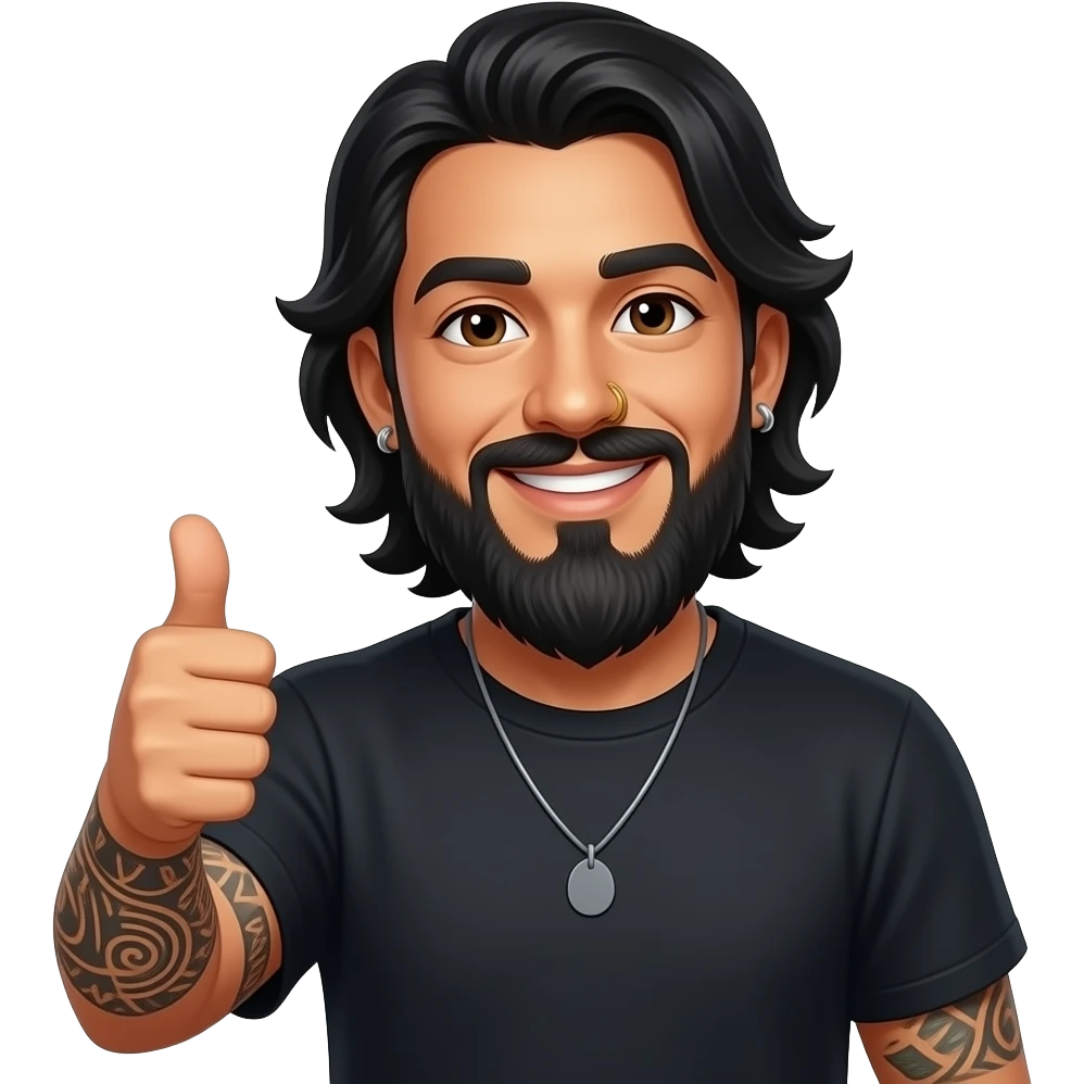 The handsome Latino podcast host with medium length hair, a long beard and tattoos with his ears pierced and a nose ring on the right side, giving a thumbs up emoji
