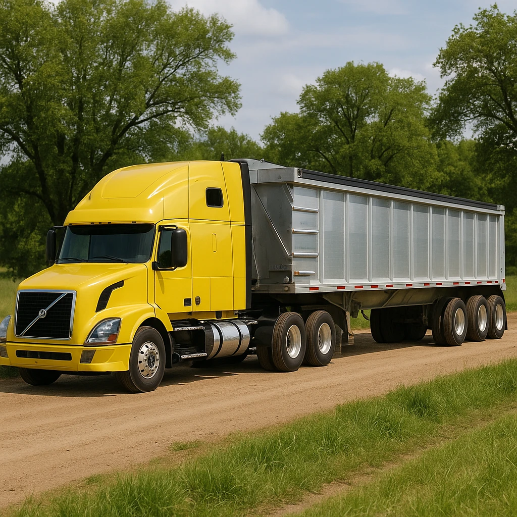 long silver end dump trailer hooked to a Volvo yellow semi sleeper truck, both in normal driving position, photorealistic daytime country scene with trees, grass, and a dirt road, truck driving left emoji