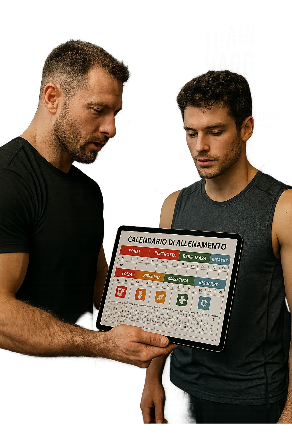 realistic cinematic photo a personal trainer and a client stand in a modern gym, reviewing a large, color-coded training calendar or chart on a tablet. The calendar shows different phases (strength, hypertrophy, endurance, recovery) with icons and dates. Around them, gym equipment and motivational posters reinforce the idea of structured, periodized training. in italiano emoji