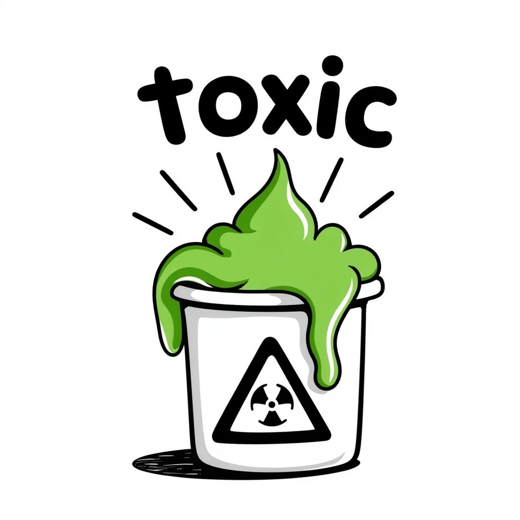 the word 'toxic' represented visually with green slime, hazard symbols, and a sense of danger emoji