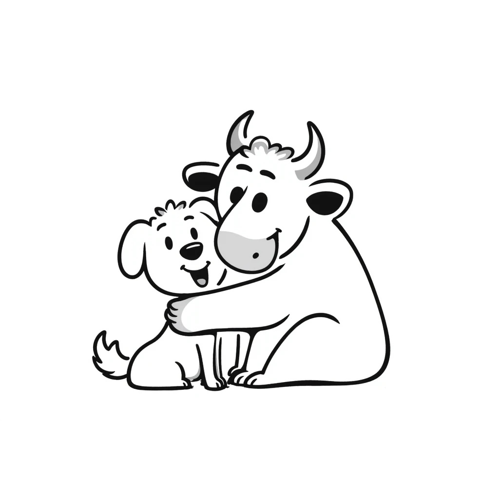 goofy drawing of a bull with a single horn in the middle of its head hugging a dog, hand-drawn doodle style emoji