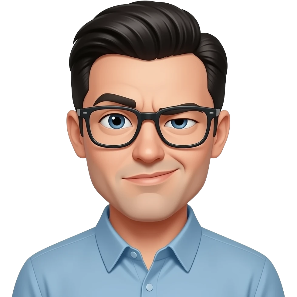 Make a white guy with slicked back short black hair, glasses and a snide squinting look emoji